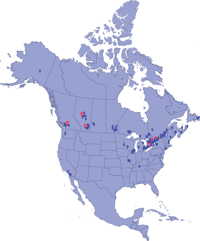 Map of North American with Pins showing manufacturing and dealer locations
