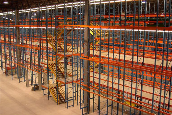Multilevel, rack supported structure with stair access