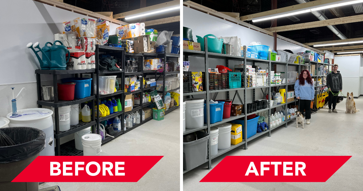 Before and after images of shelving system with animal care supplies. The before photo shows supplies crammed and piled onto a wall of shelving. The After photo shows the same items organized neatly onto a shelving. And features shelter staff and two shelter dogs available for adoption.