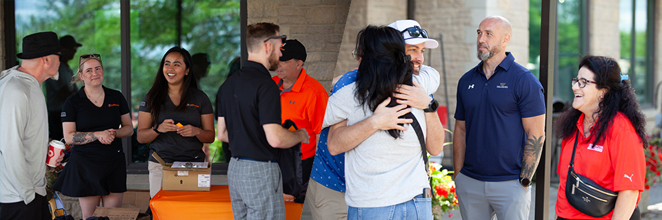 Participants at the charity golf tournament registering, making donations, and warmly greeting each other.