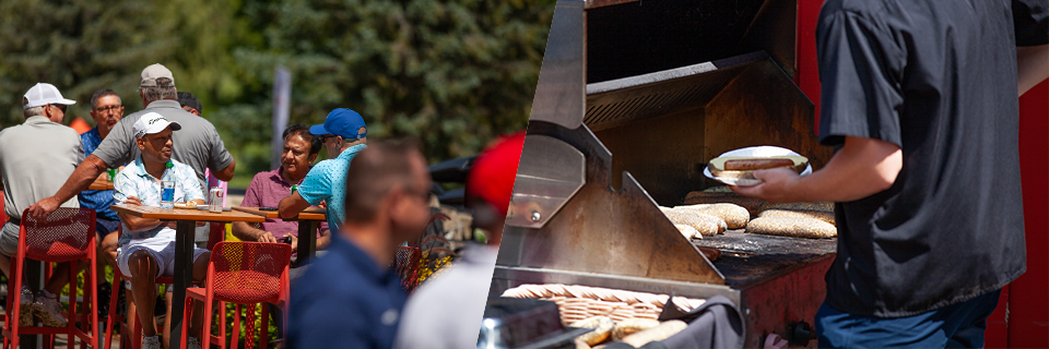 Hotdogs on the grill and participants mingling at the golf event.