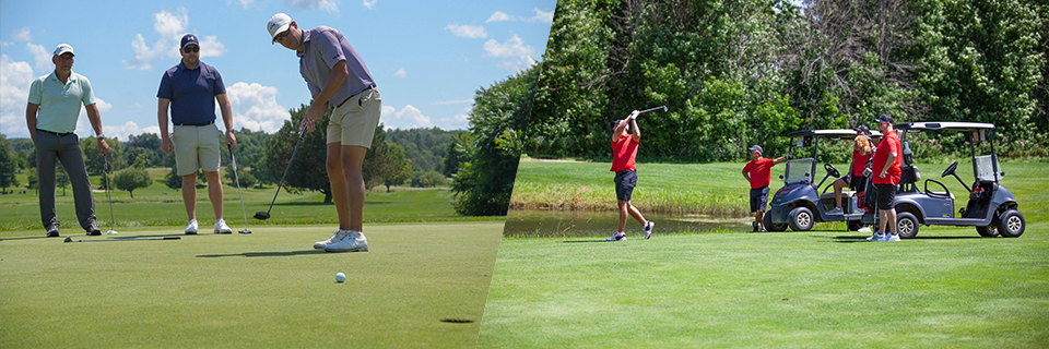 Golfers taking their swings on the lush greens of the golf course.