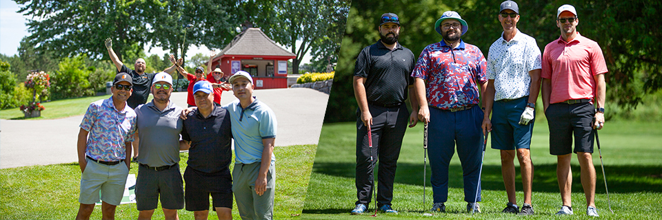 Groups of four golfers posing together on the golf course.