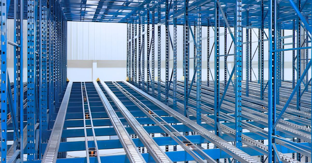 A perspective shot of a blue industrial pallet flow racking system featuring integrated gravity flow rollers and metal tracks.