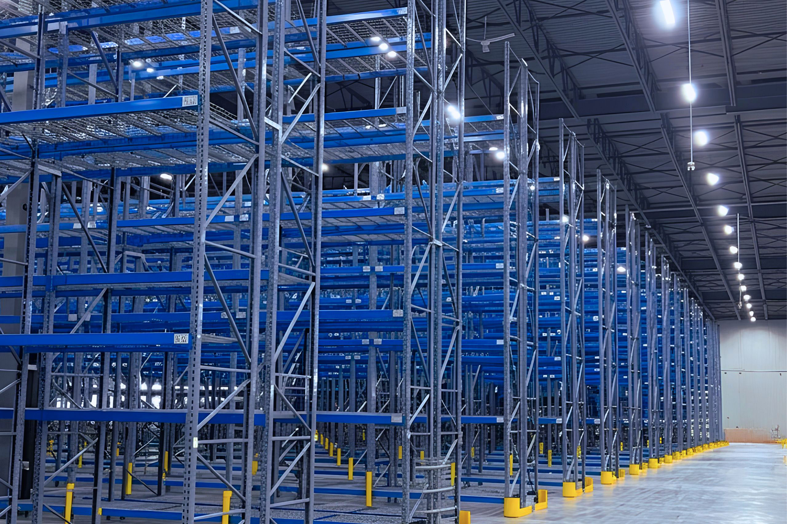 Custom selective warehouse racking solution featuring tall grey uprights, blue beams, wire decking, and yellow post protectors in a Calgary facility.